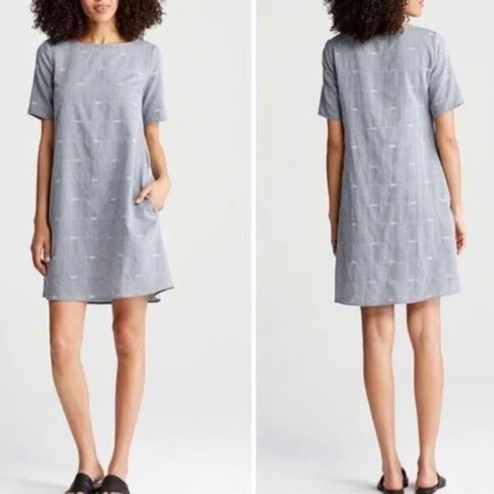 Eileen Fisher Nomadic Stripe Shift Dress Chambray Mini Organic Cotton Women's XS